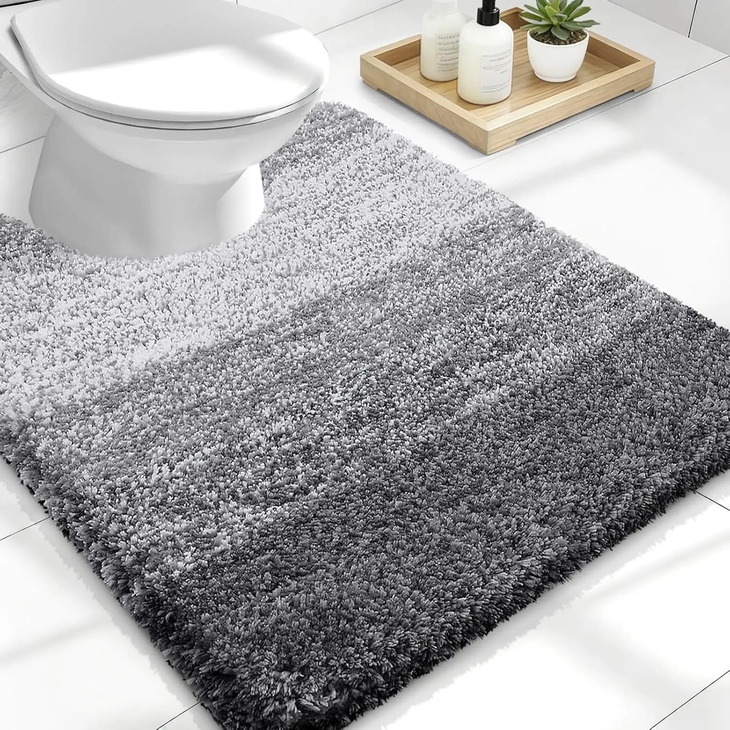 Luxury U-Shaped Toilet Rug 24x20, Extra Soft & Absorbent Microfiber Bath Mat, Non-Slip Plush Shaggy, Machine Washable, Grey