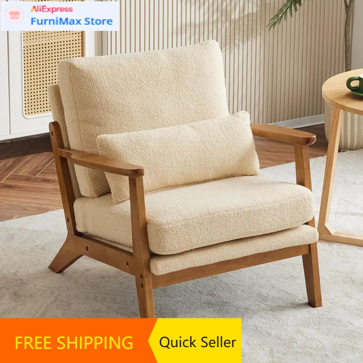 Poltrona Accent con Braccioli Larghi, Stile Mid-Century, in Tessuto Teddy Fleece con Cuscino Lombare e Struttura in Legno Massello per Soggiorno