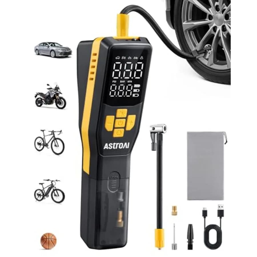 Compressore d'aria portatile da 150 PSI per pneumatici auto, pompa per bici senza fili con display LCD, spegnimento automatico, 5 modalità di gonfiaggio.