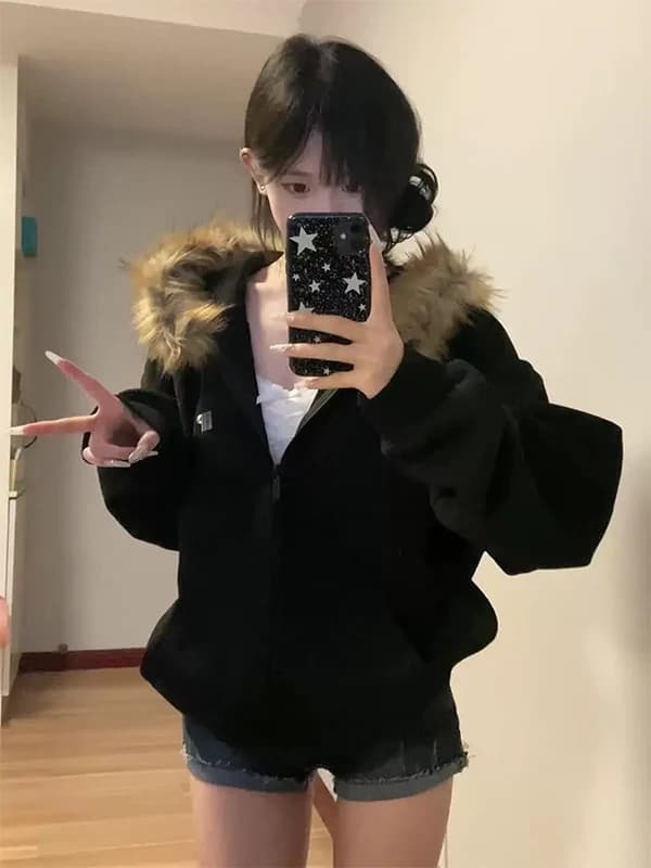 Retro American Furry Collar Splice Hoodie Women's Autumn Winter Casual Loose Zipper Open Cardigan Outerwear Top