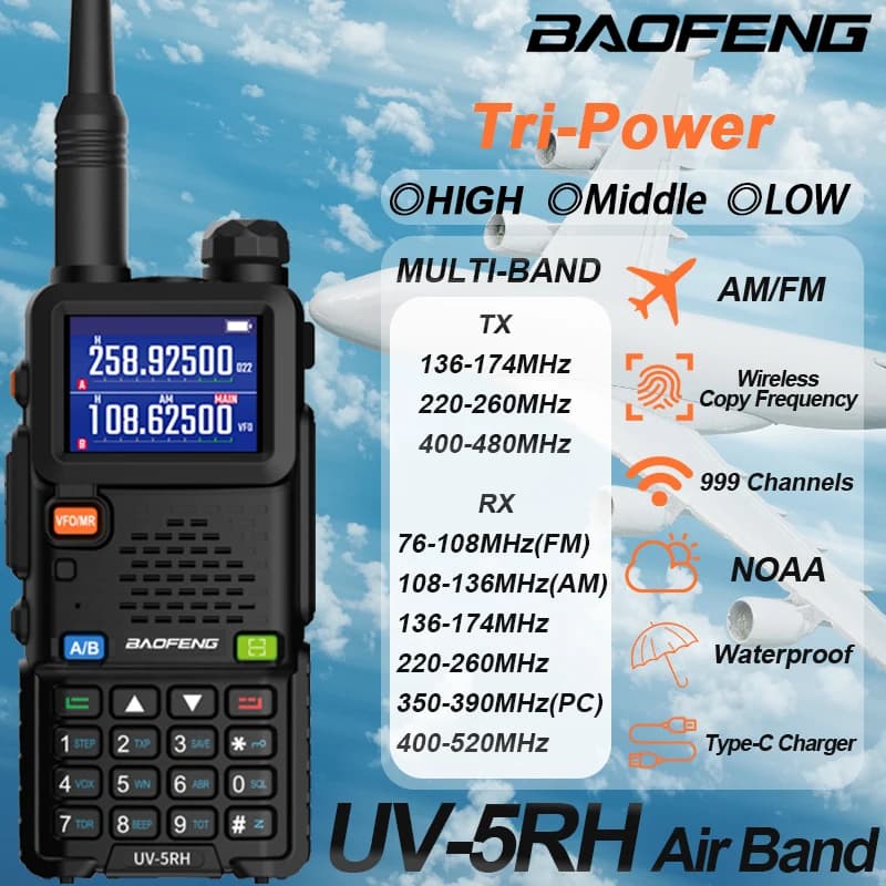 Baofeng UV-5RH Air Band Walkie Talkie Tri-Power Wirless Frequenza di copia AM FM Multi-Band NOAA Ricevitore a lungo raggio Radioamatore a 2 vie