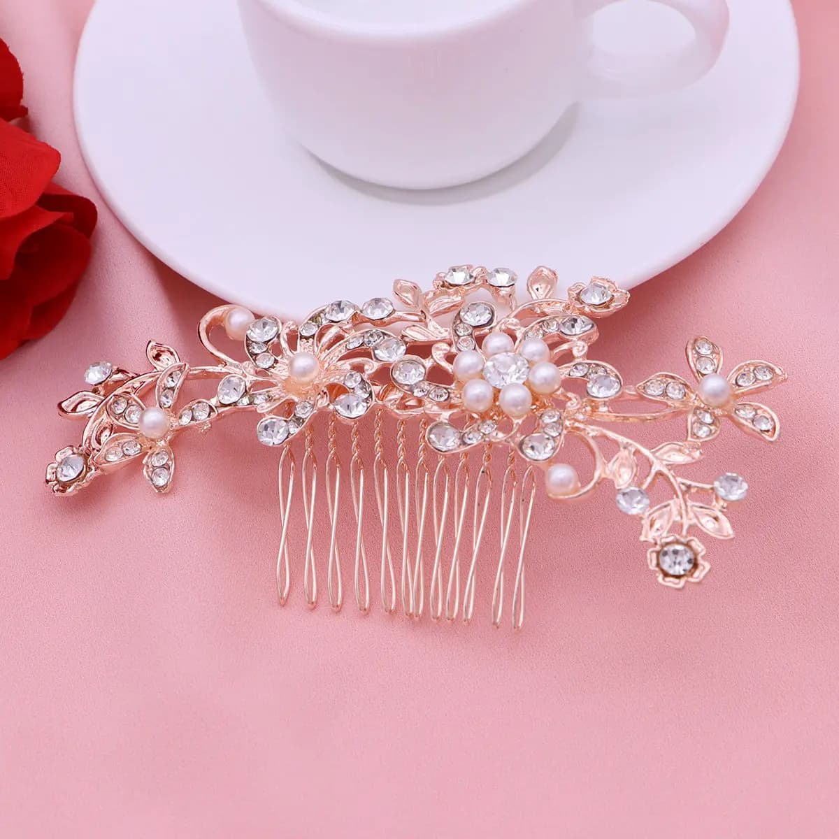 Set of 4 Hair Clips with Crystals, Strass and Pearls, in Rose Gold Alloy, for Weddings, Ceremonies and Celebrations