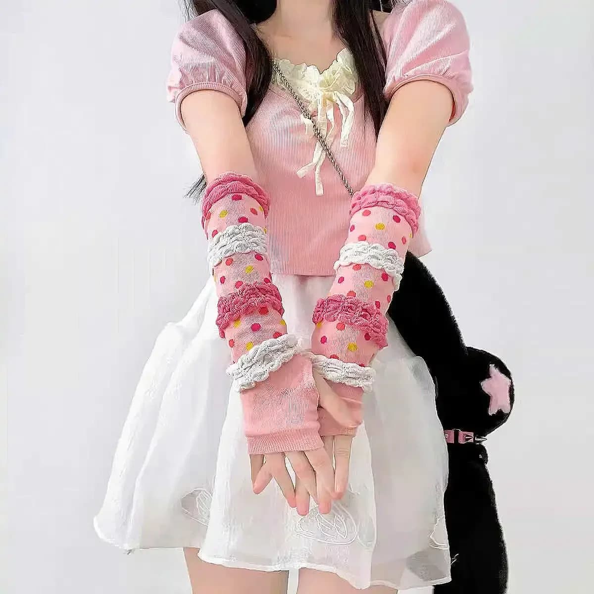 1 Pairs Women's Sleeves Autumn Winter Japanese Dot Dopamine Cute Kawaii Sweet Y2K Lolita High-quality Sleeves Gloves For Girl