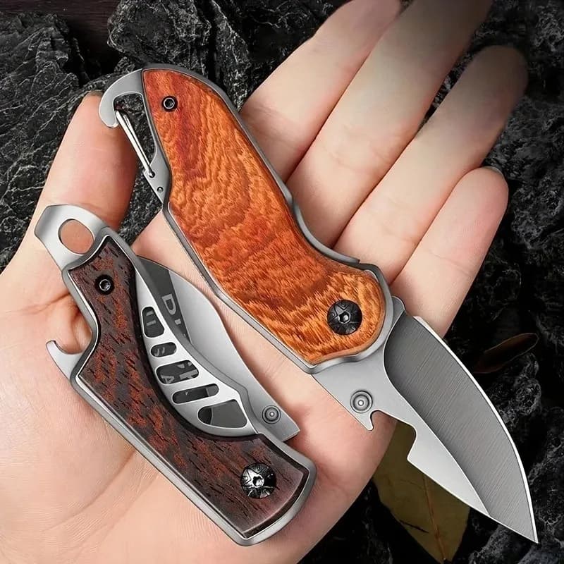 Set of portable folding fruit knives from 2 pieces: small, light with wooden handle. Silver stainless steel blades. Outside use in the kitchen