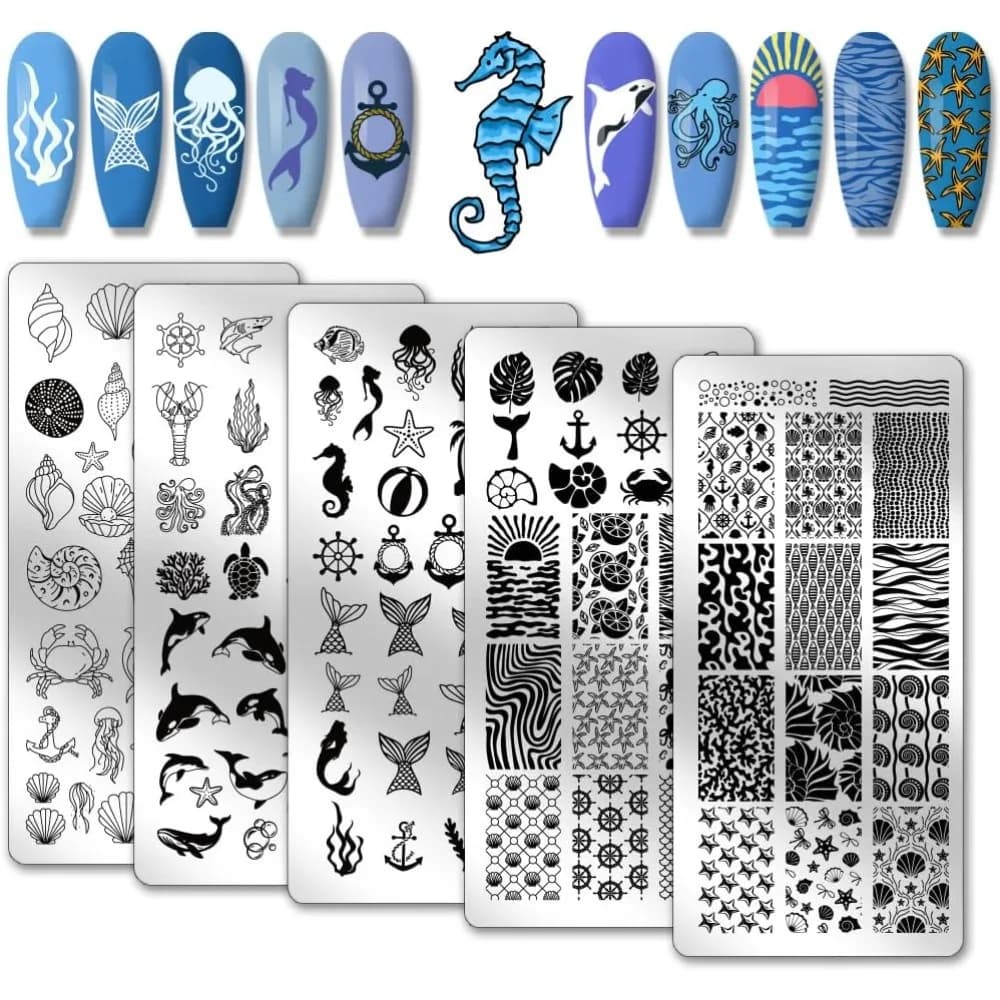 5 pieces theme ocean nail molding creature marina templates for nail art seashell star nail art stencil siren dolphin nail plate