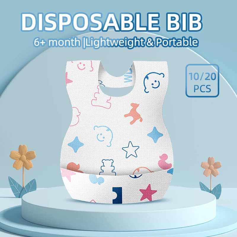 Disponibili in confezioni da 10 o 20 bavaglini usa e getta, ideali per bambini da 1 a 6 anni. Bavaglini impermeabili, facili da trasportare e utilizzare.