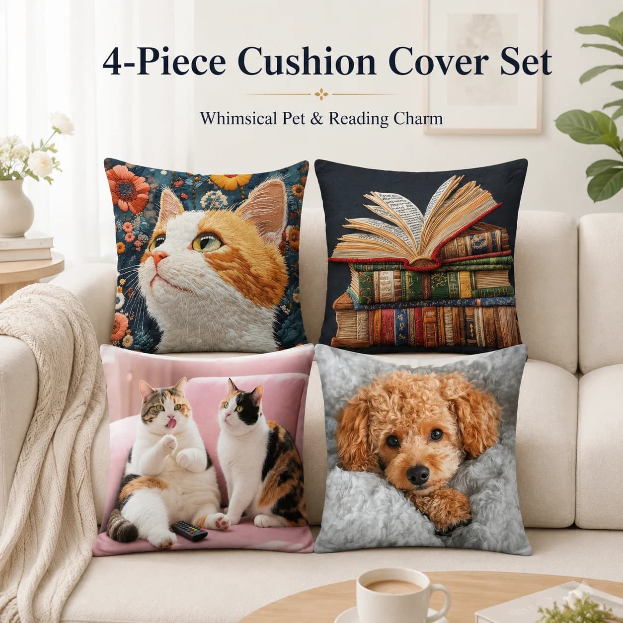 Cozy Pet Book Coussin 4 pezzi in tessuto effetto pelle di pesca, copricuscini stampati piatti 2D, decorazione per divano e camera, federe per cuscini