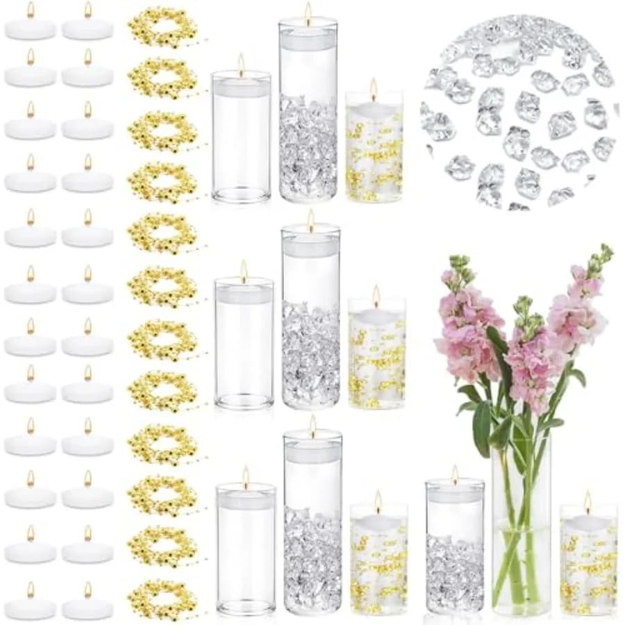 12 PCS Glass Vases for Centerpieces with 24 PCS Floating Candles for Centerpieces12 Pearl Strings and 400 Fake Ice Floating Can