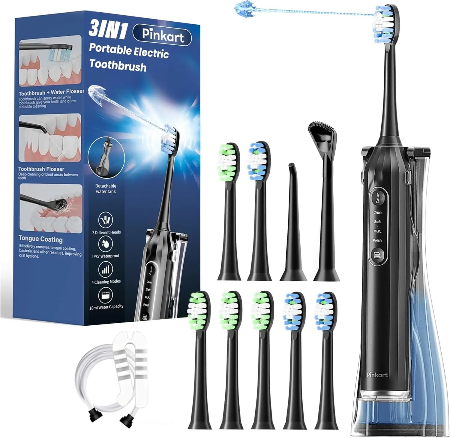 3-in-1 electric toothbrush with Oral sprinkler, 8 Heads, 180ML tank, Oral sprinkler Rechargeable for Adults