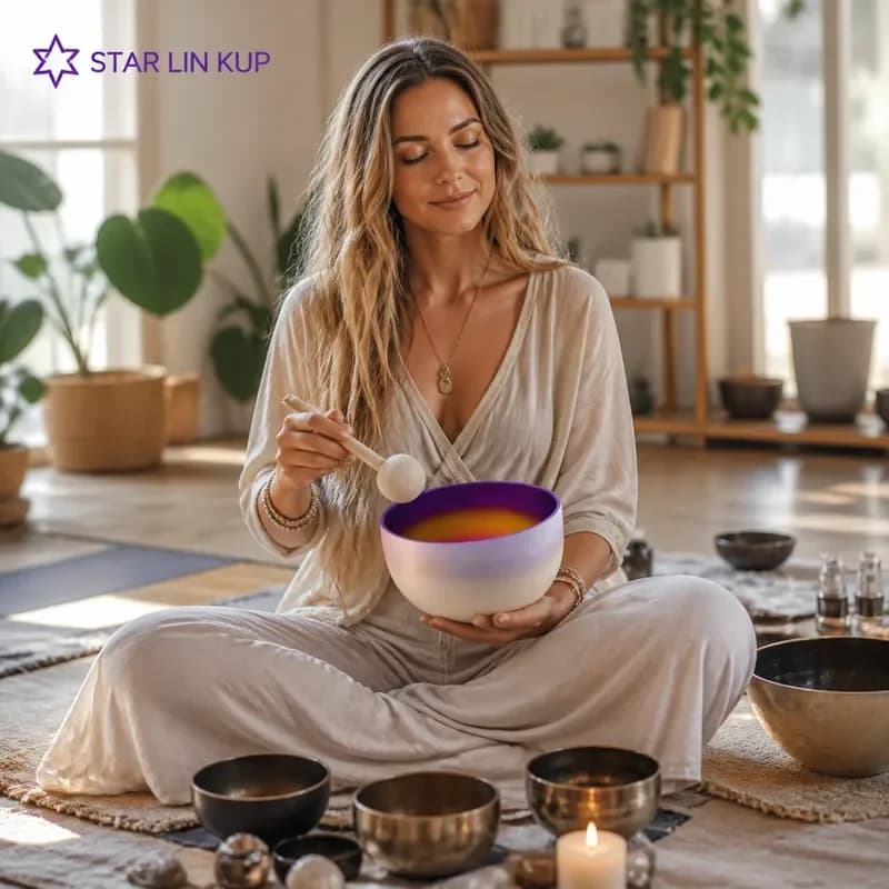 STAR LIN KUP 8 Inch Indigo Rainbow Chakra Quartz Crystal Singing Bowl A Note Third Eye Meditation Healing Sound Therapy with