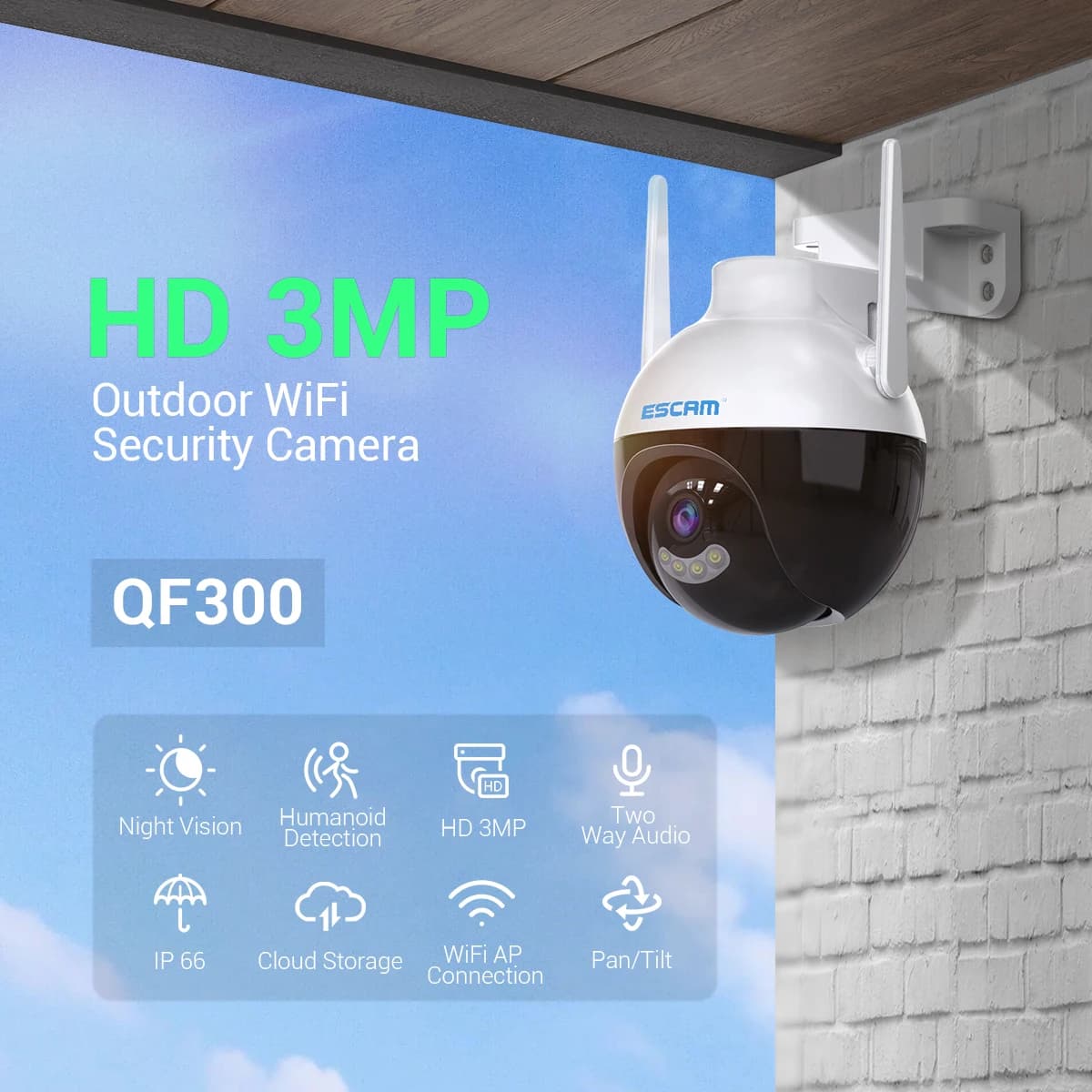 ESCAM QF300 3MP 1296P Icsee APP WIFI impermeabile PTZ IP Dome Camera Onvif Rtsp Full Color AI Citofono umanoide Baby Monitor