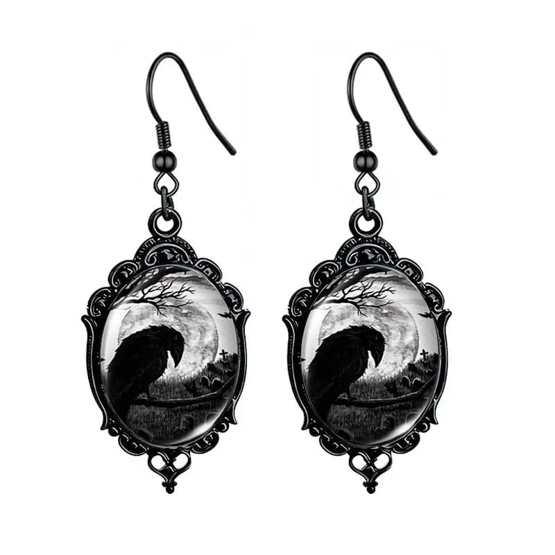Gothic Halloween Black Cat Witch Crow Skull Earrings Punk Oval Glass Dangle Earrings For Women Girls