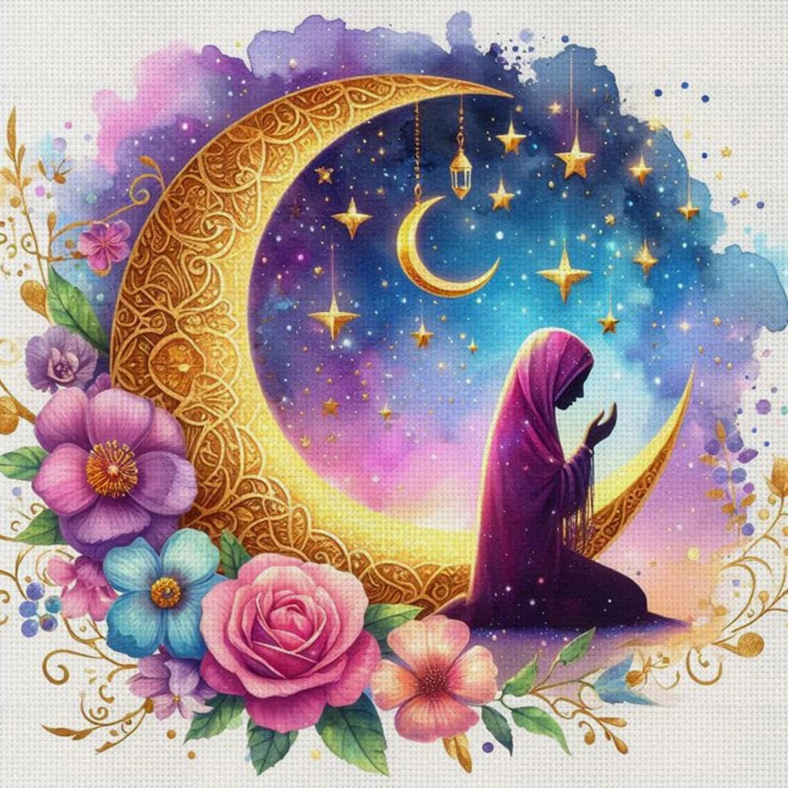 Kit Punto Croce 'Preghiera sotto la Luna' Fai-da-Te, Ricamo 11CT, Decorazione Murale per Casa, Regalo Artigianale, Materiale Senza Cornice Semi-Finito 36×36cm