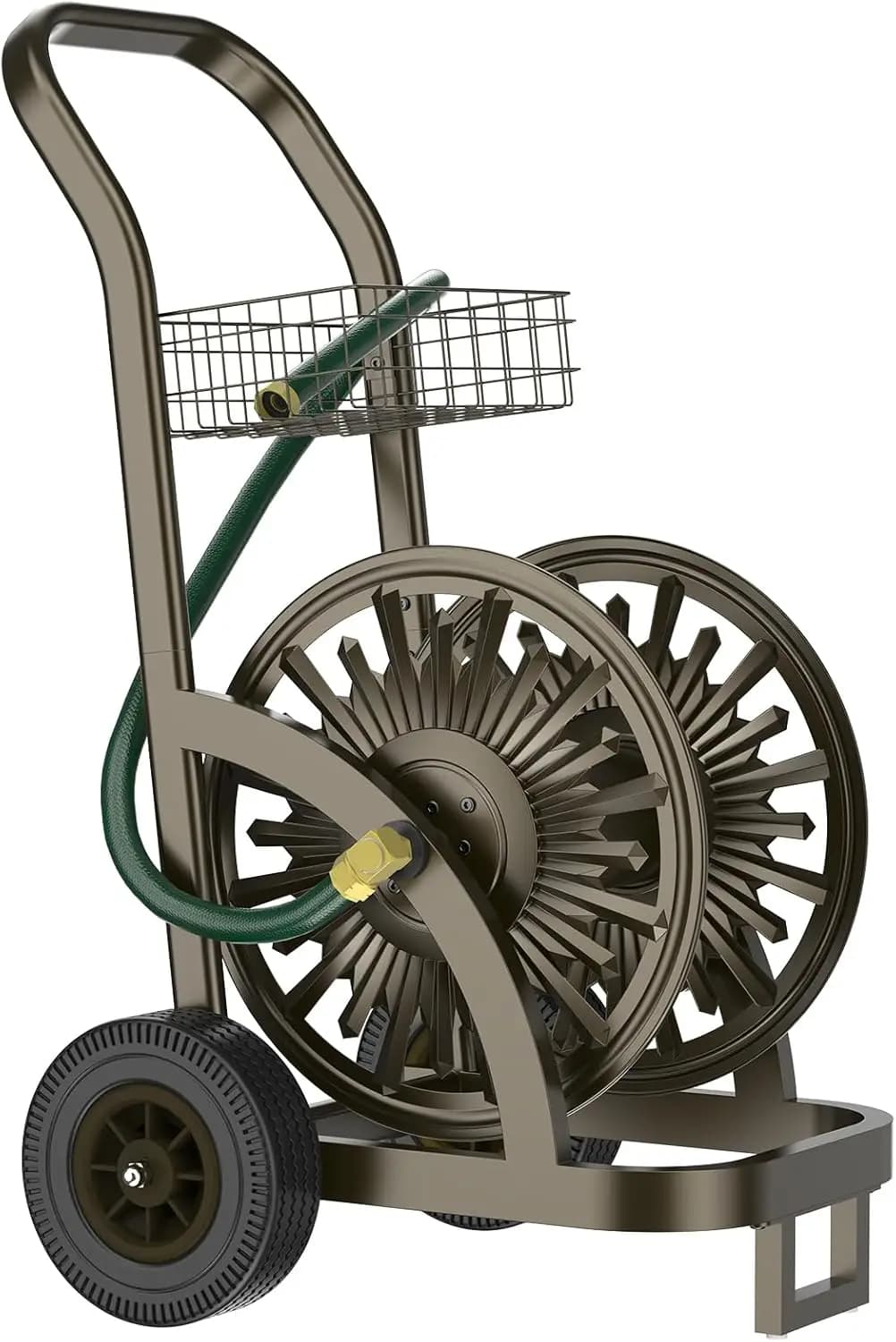 Heavy Duty Steel Garden Hose Reel Cart with Wheels for 200ft 5/8 Hose, Mobile Storage Basket and Anti-Tip Design for Lawn Yard