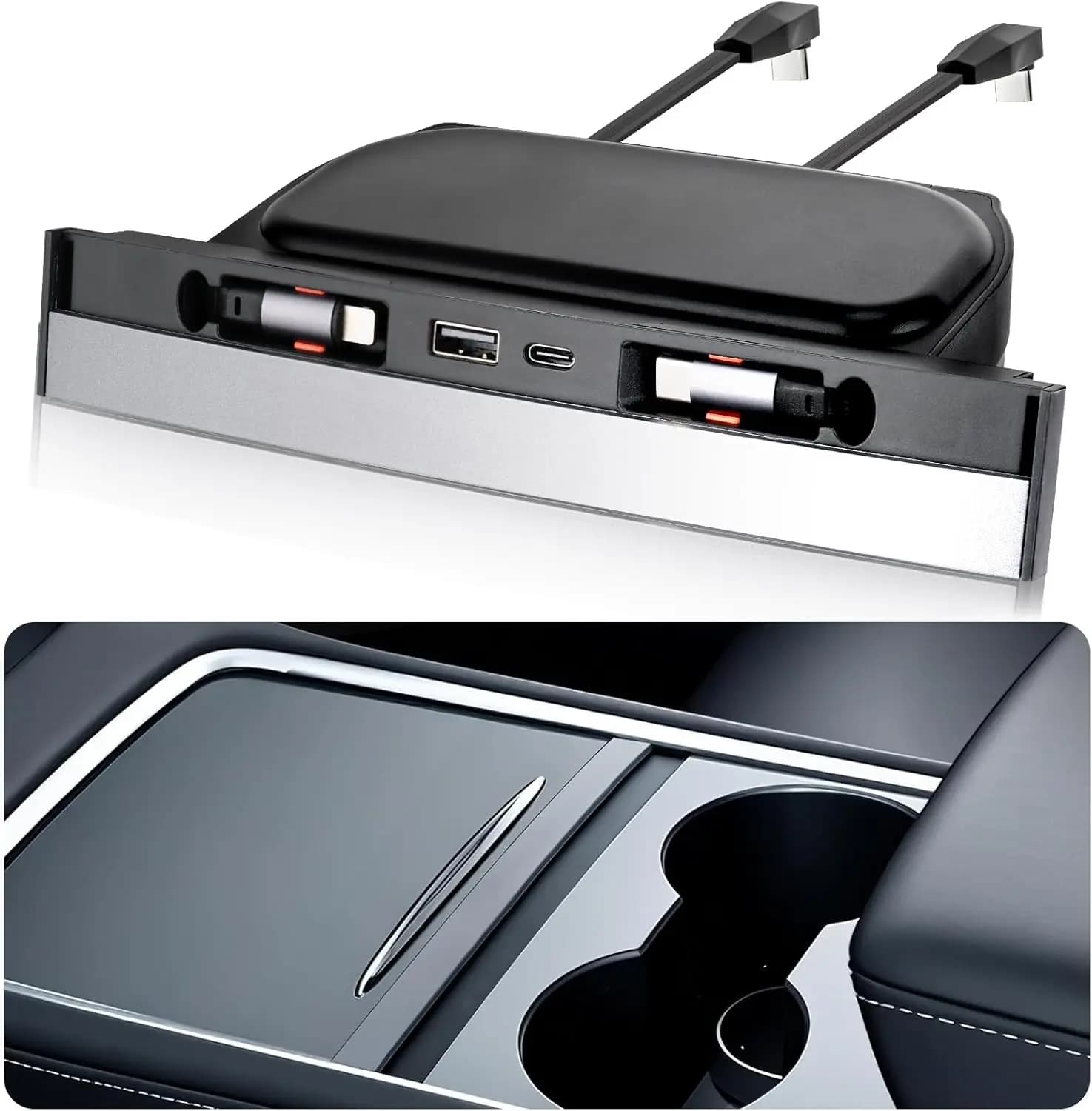 USB Hub for Tesla Model Y 2020-2024 and Model 3 2020-2023 with Sliding Cover, Multiport, Quick Charger with Retractable Cables, Waterproof