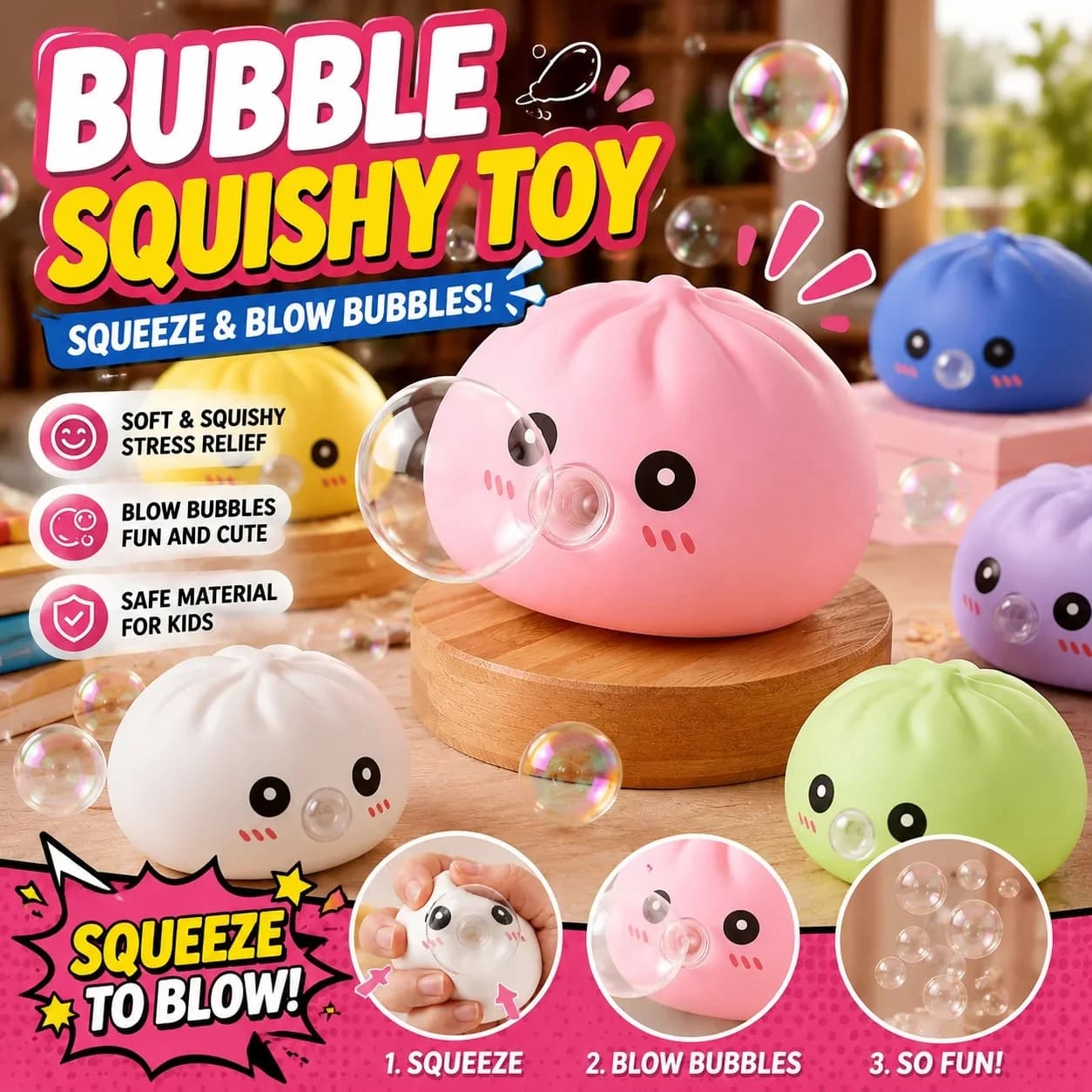 Dumpling Shaped Squishies Toy Set with Steamer Bubble-Blowing Stretchy Fidget Sensory Toy for Stress Relief And Fun