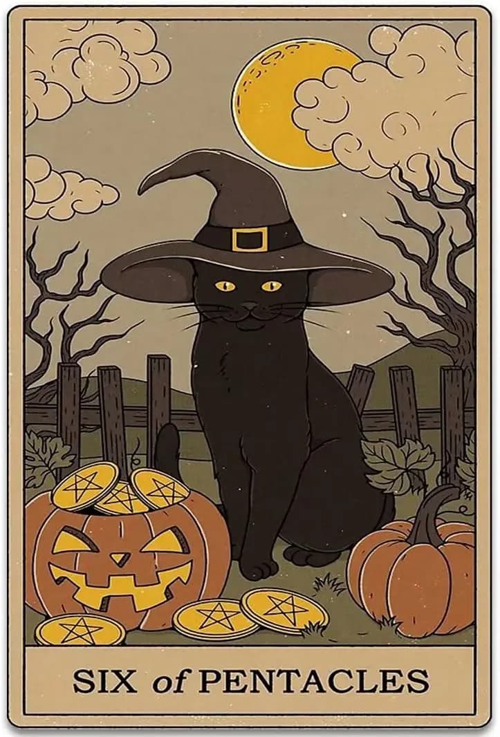 UOAIUDT Tin Sign Six Of Pentacles Black Cat Tarot Card Retro Aluminum Metal Poster Wall Decor Bar Cafe House Home Shop Decoratio