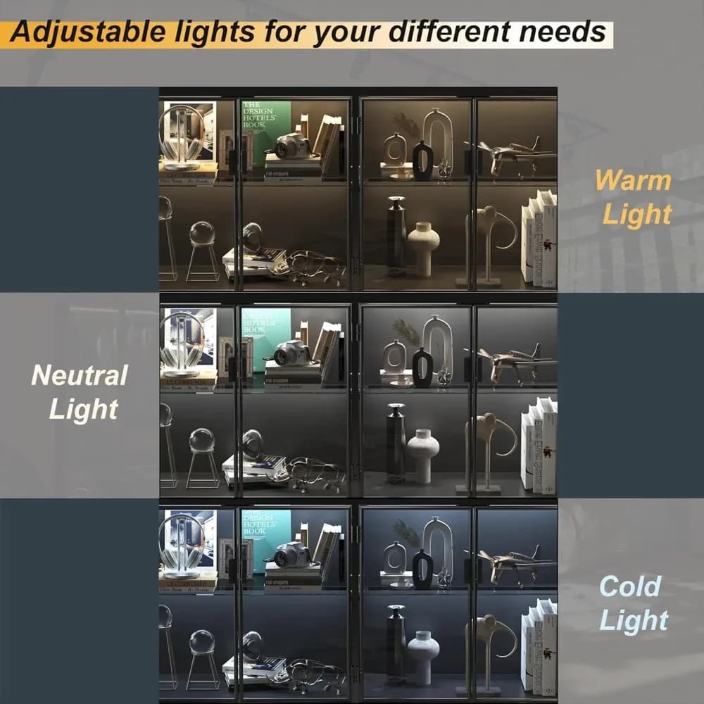 Mobiletto contenitore con luci LED a 3 colori, ripiano in vetro e 4 scomparti, credenza con pannello laterale e gambe in metallo massiccio