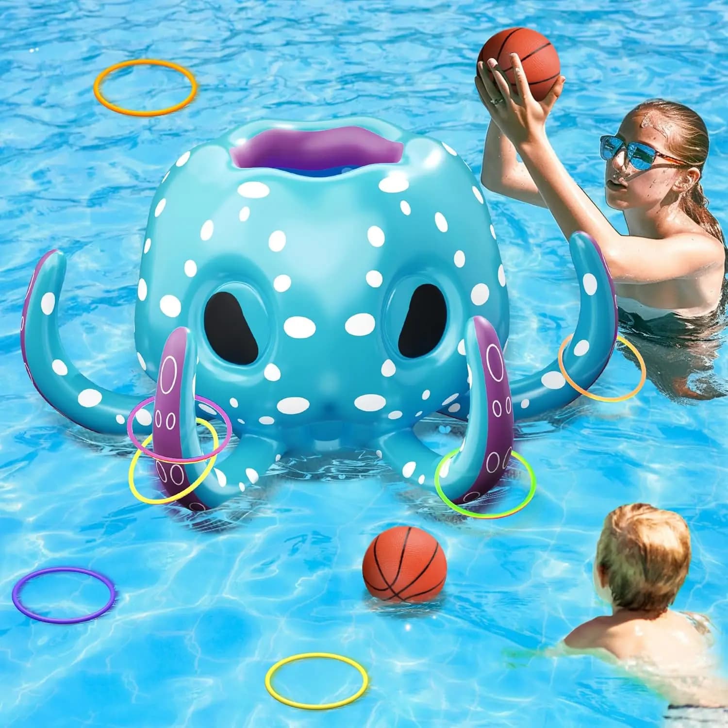 Gioco Gonfiabile 2-in-1 per Piscina con Canestro da Basket e Lancio degli Anelli, Giocattolo Estivo per Divertimento in Famiglia in Spiaggia e in Acqua