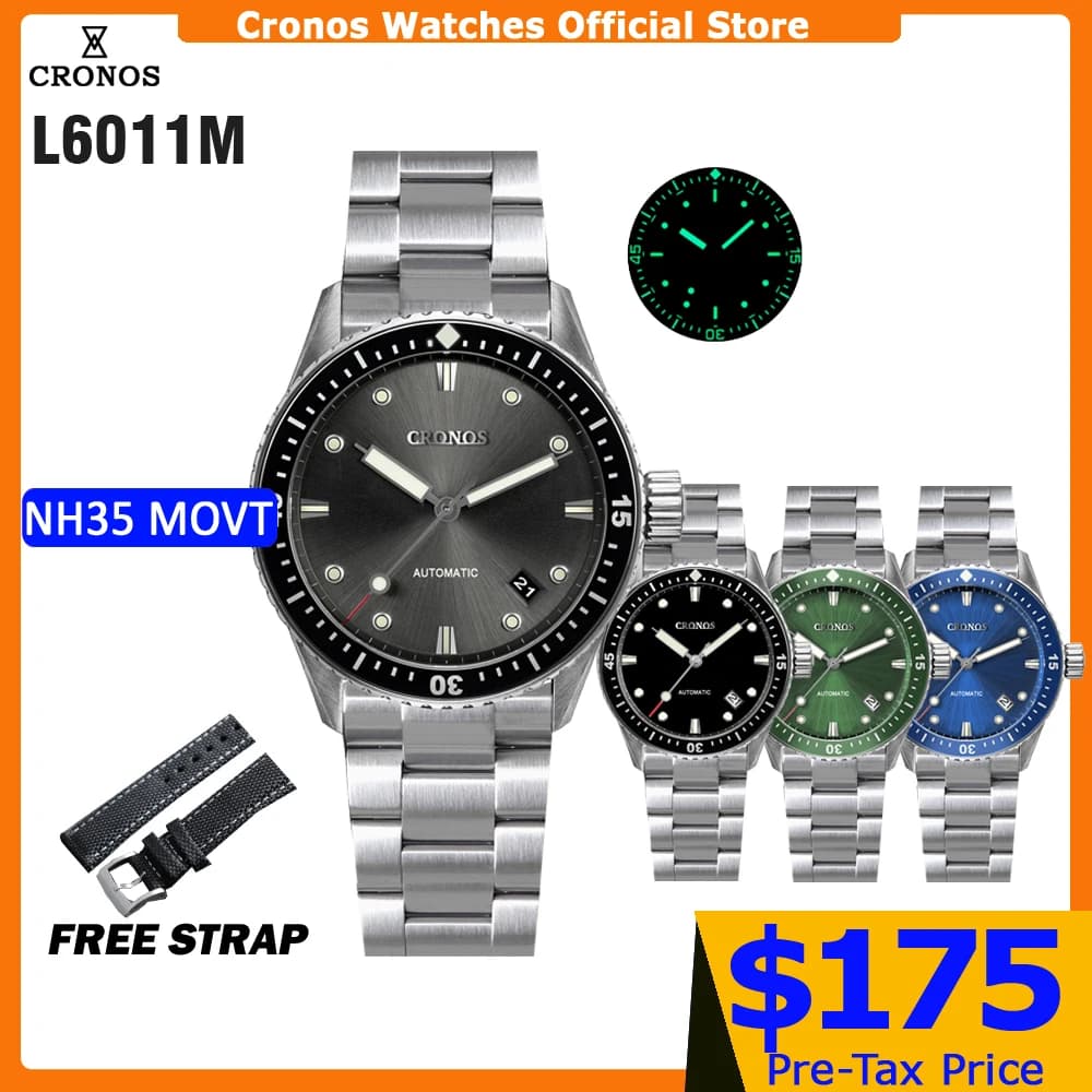 Cronos Diver Men Watch Fifty Sunray Dial Date Automatic NH35 200M Water Resistant Ceramic Bezel Bracelet