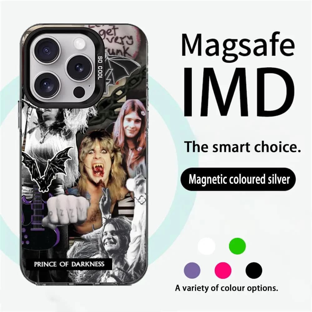 Cantante caldo O-ozzy Osbou modello Custodia per telefono IMD magnetica Custodia in argento colorato per iPhone 16 15 14 13 12 11 Pro Max