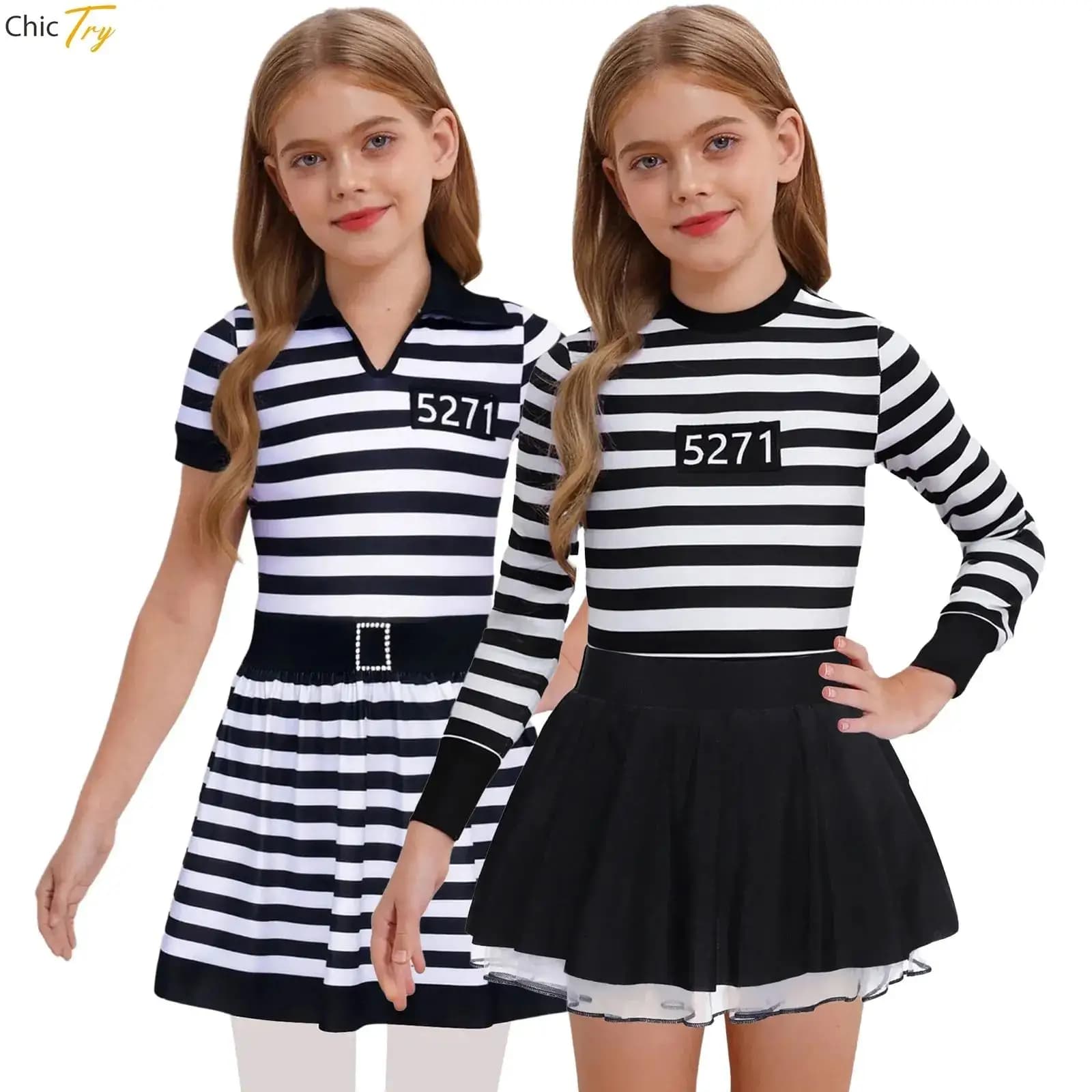 Bambini Ragazze 5271 Vestito da prigioniero Costume cosplay di Halloween Taglio sul retro Manica lunga Gonna arricciata Vestito da tutu di balletto Gioco di ruolo convict