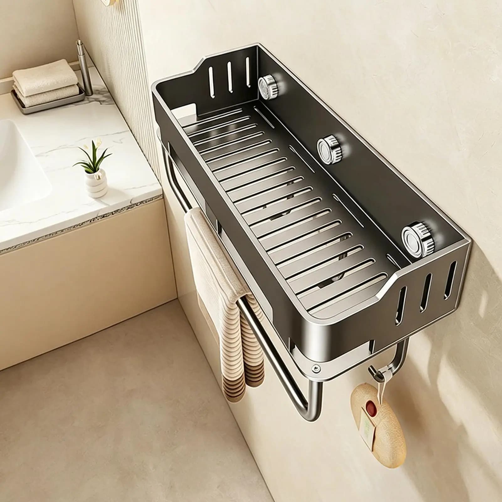 Organizzatore per doccia con ventose, mensola da parete con fori di drenaggio, mensole a ventosa per bagno con ganci e portasciugamani per casa e cucina
