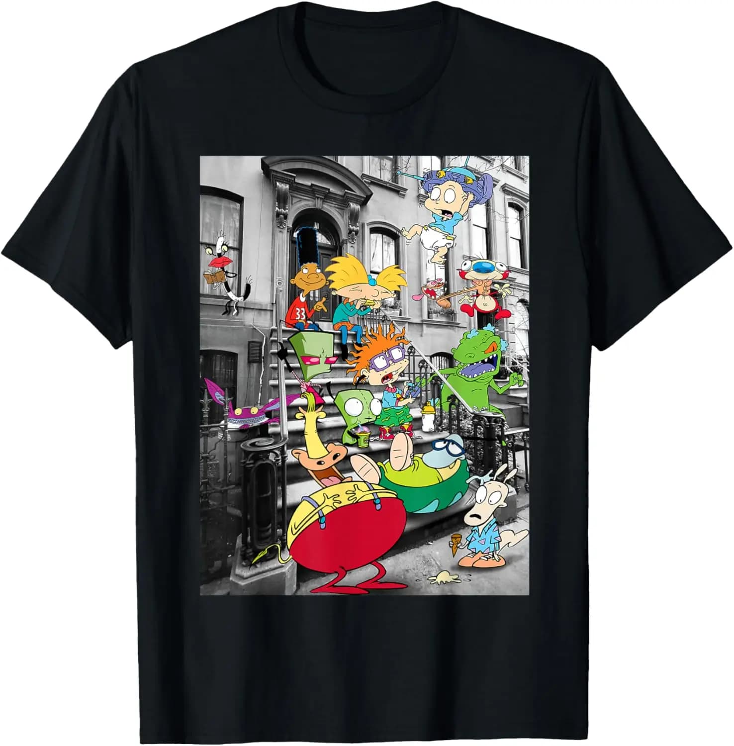 Classic Nicktoons Hanging On Stoop T-Shirt 100% Cotton Trendy Y2K Short-Sleeve Tee – Soft, Quick-Drying, & Moisture-Wicking;