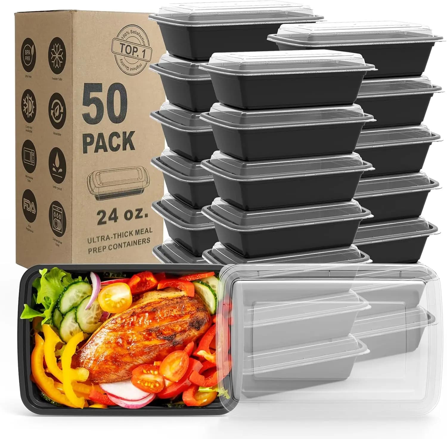 Confezione da 50 Contenitori per Preparazione Pasti, Scatole Bento in Plastica Extra Spessa, Senza BPA, Impilabili, Adatte per Microonde/Lavastoviglie/Congelatore, 24 oz