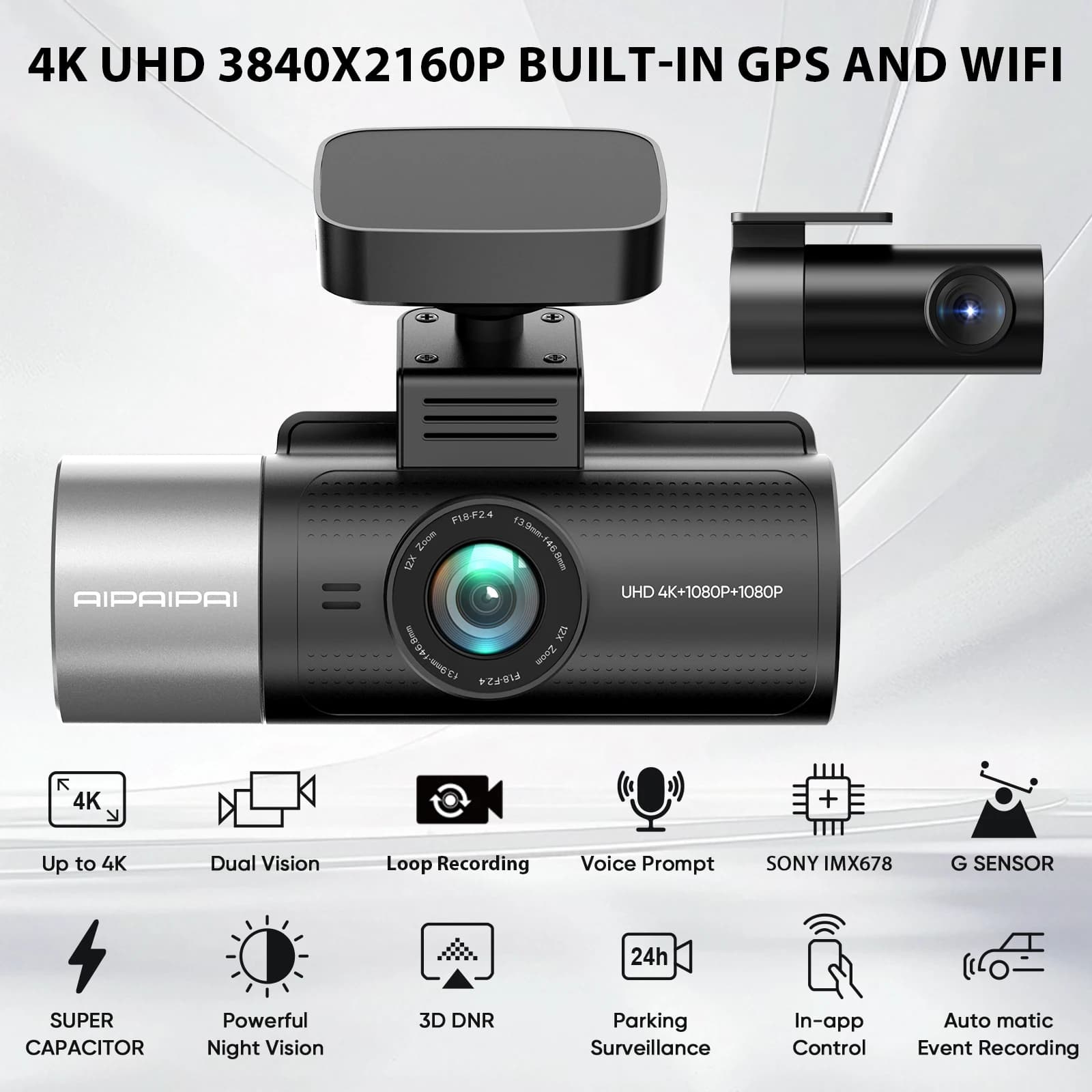 AD-381 Dashcam 4K Dash Cam Front and Rear 4k Double Lenten Camera for Auto Screen IPS GPS Tracking Wifi Interior Vocal Dash Camera