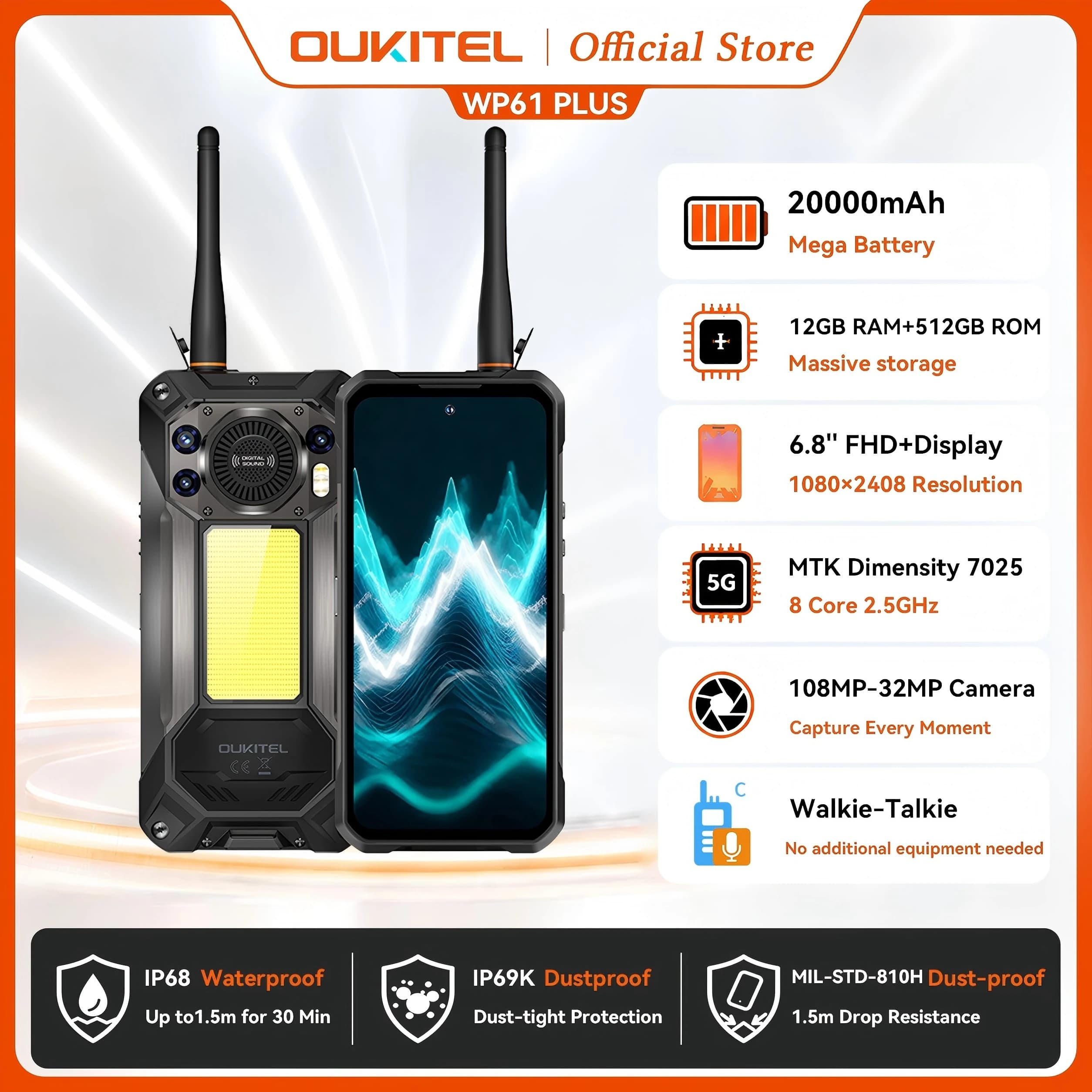 OUKITEL WP61 Plus Smartphone Rugged 5G con Funzione Walkie Talkie, Display 120Hz, Batteria 20000mAh, Android 16, NFC, 36GB(12+24)+512GB, Fotocamera 108MP
