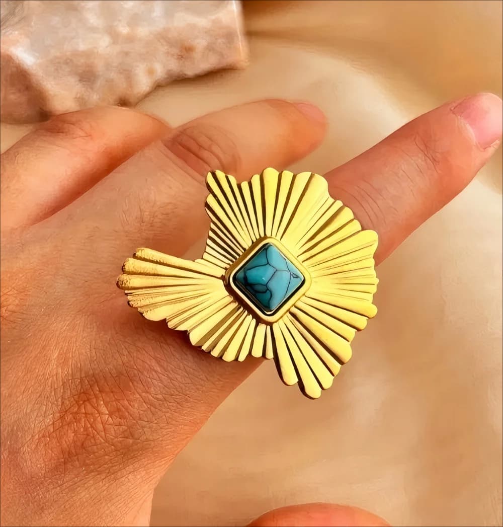 Retro Stainless Steel Geometry Earring and Ring Set Natural Stone Inlaid Gold Plated Non-fading Fashion Jewelry Ear Jewelry