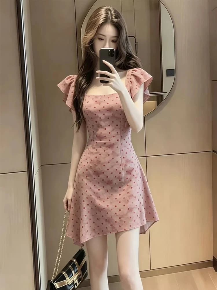 Summer Vintage Polka Dot Dress Women's A-Line Short Skirt Slimming Fly Sleeve Waist-Cinching Polyester Fiber Zipper Closure
