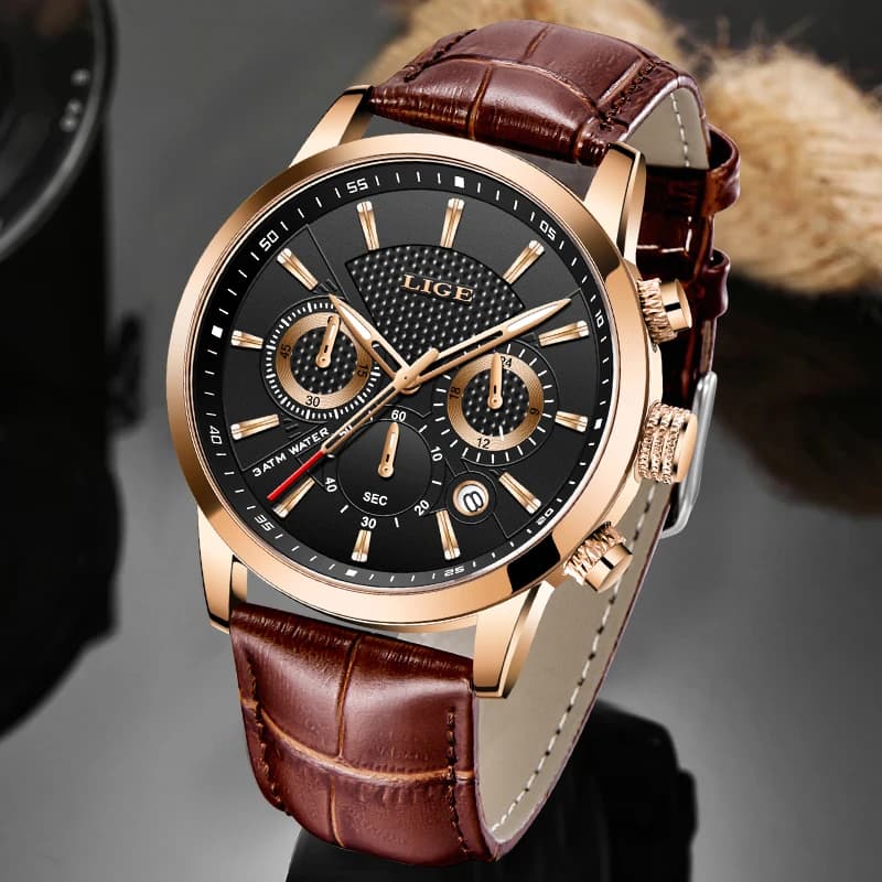 LIGE orologi impermeabili per uomo moda Sport cronografo al quarzo orologio da uomo Top Brand Luxury Brown Leather Military Watch Men