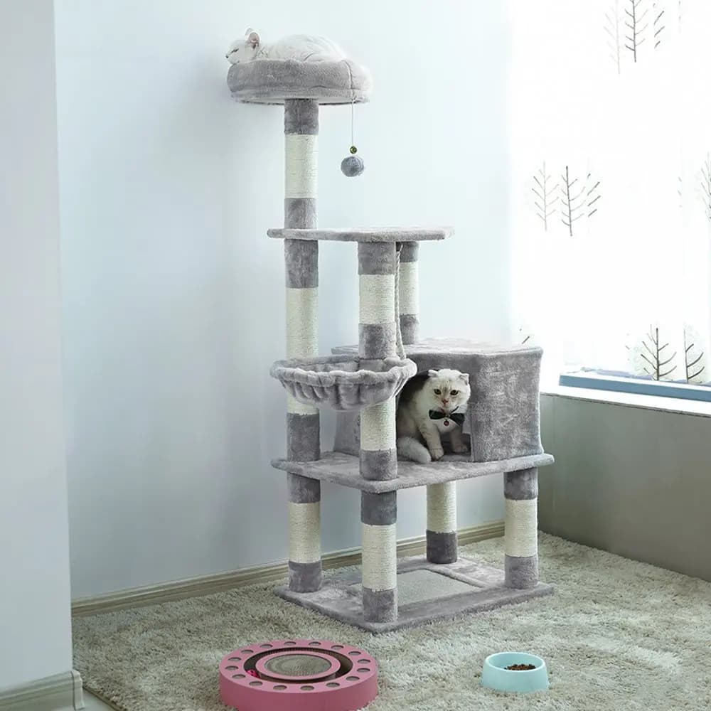 Tiragraffi per nido integrato in sisal per albero per gatti di lusso per tutte le stagioni Struttura da arrampicata in legno stabile per gratta e vinci per gatti multipli