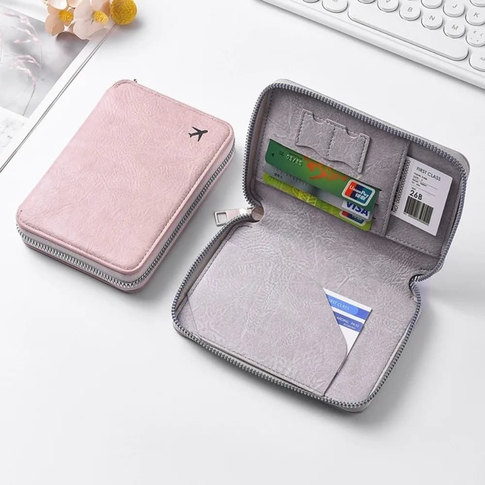 Portadocumenti in PU Tinta Unita con Protezione RFID, Porta Passaporto e Biglietti per Check-in Aereo, Portafoglio da Viaggio, Accessori da Viaggio
