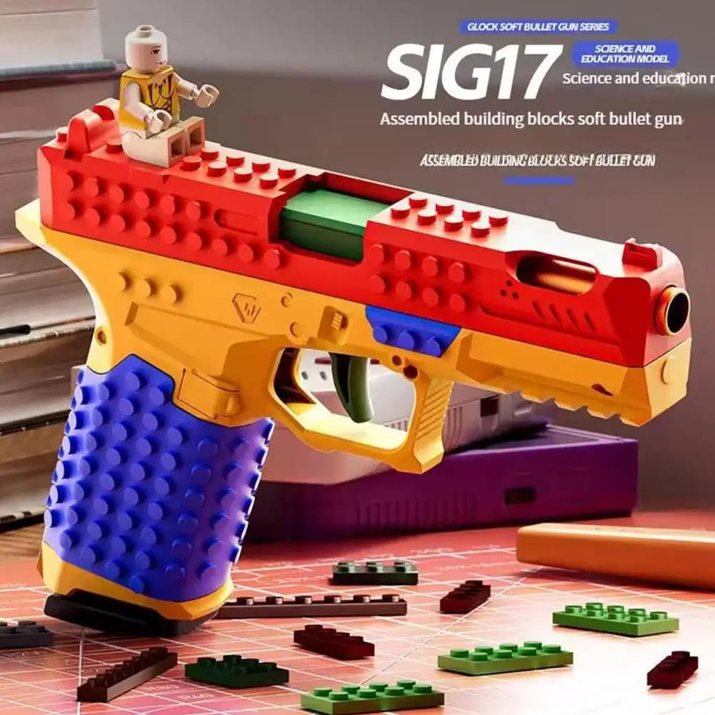 Pistola Giocattolo a Blocchi con Sparo Continuo, Espulsione Bossoli, Airsoft Blowback, Arma CS per Esterni per Ragazzi e Adulti