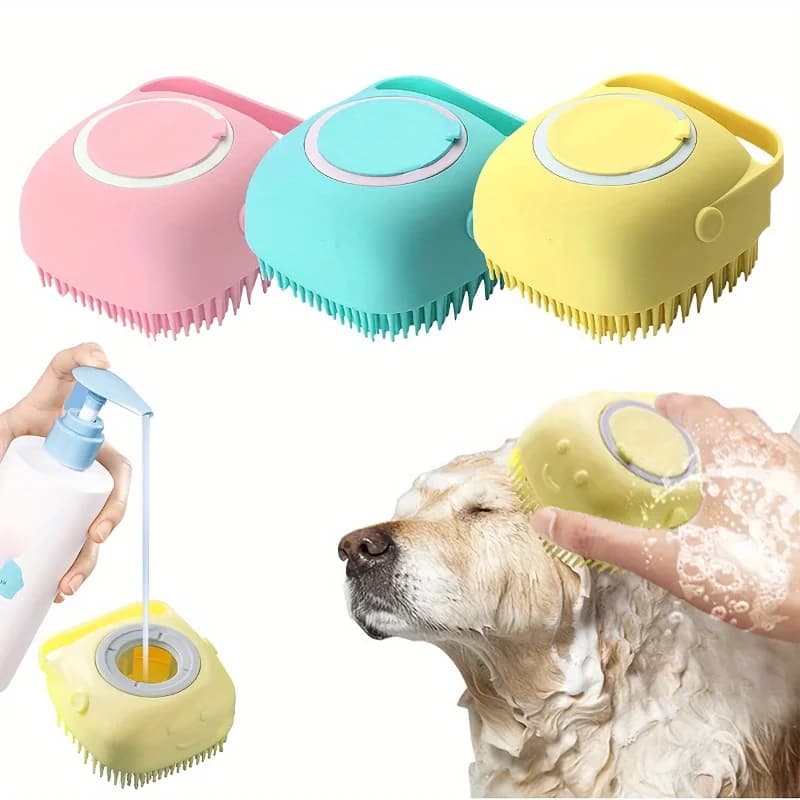 Guanto in Silicone per Massaggio e Bagno per Cani, Spazzola per la Pulizia del Bagno di Cani e Gatti, Strumento per la Toelettatura con Dispenser di Shampoo Integrato
