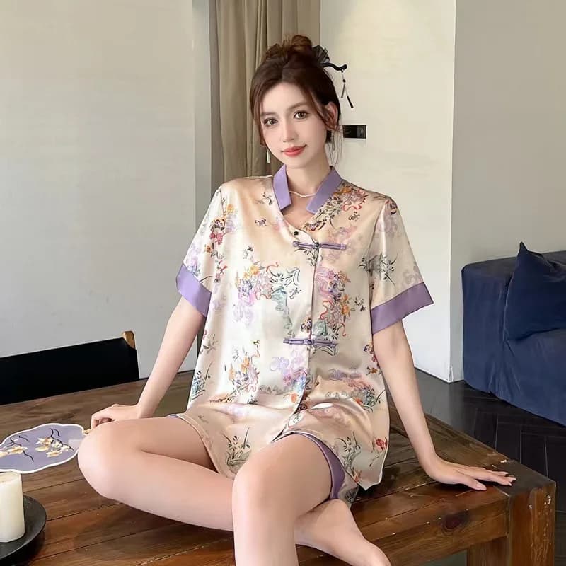 2025 Spring Autumn Perple Ice Silk Two Piece Set Pajamas Women Chinese Style Short Sleeve Pants Vintage Nightgown Sleepwear