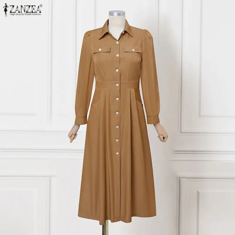 Abito chemisier da donna ZANZEA 2026 con collo a revers e maniche lunghe, in denim blu, elegante per il lavoro, con bottoni, lunghezza midi