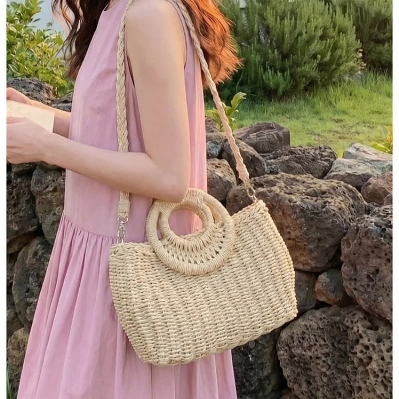 Women's Handwoven Straw Tote Bag with Double Ring Handle & Braided Strap, Casual Style for Summer Beach & Daily Use Handbags