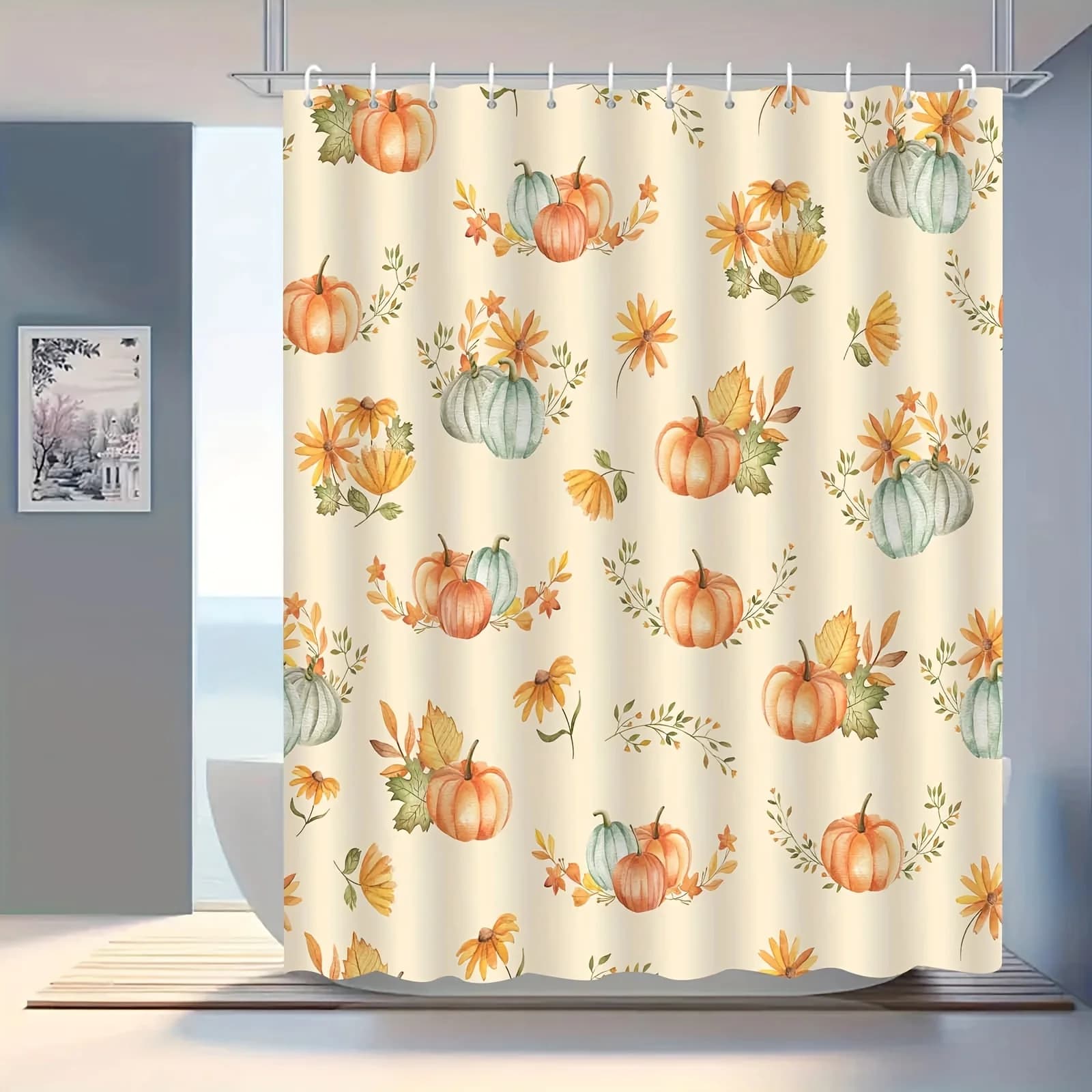 Tenda da doccia autunnale con zucca e foglia d'acero, elegante e antiappannamento, poliestere lavabile, ganci inclusi, motivo autunnale vibrante