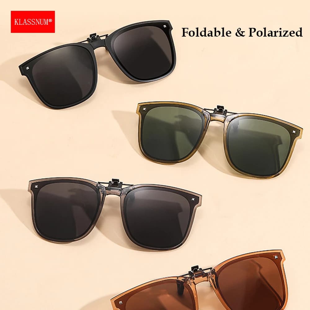 KLASSNUM Foldable Clip On Polarized Sunglasses Women Large Square Lens Anti Glare UV400 Men Sun Glasses Clip for Myopia Glasses