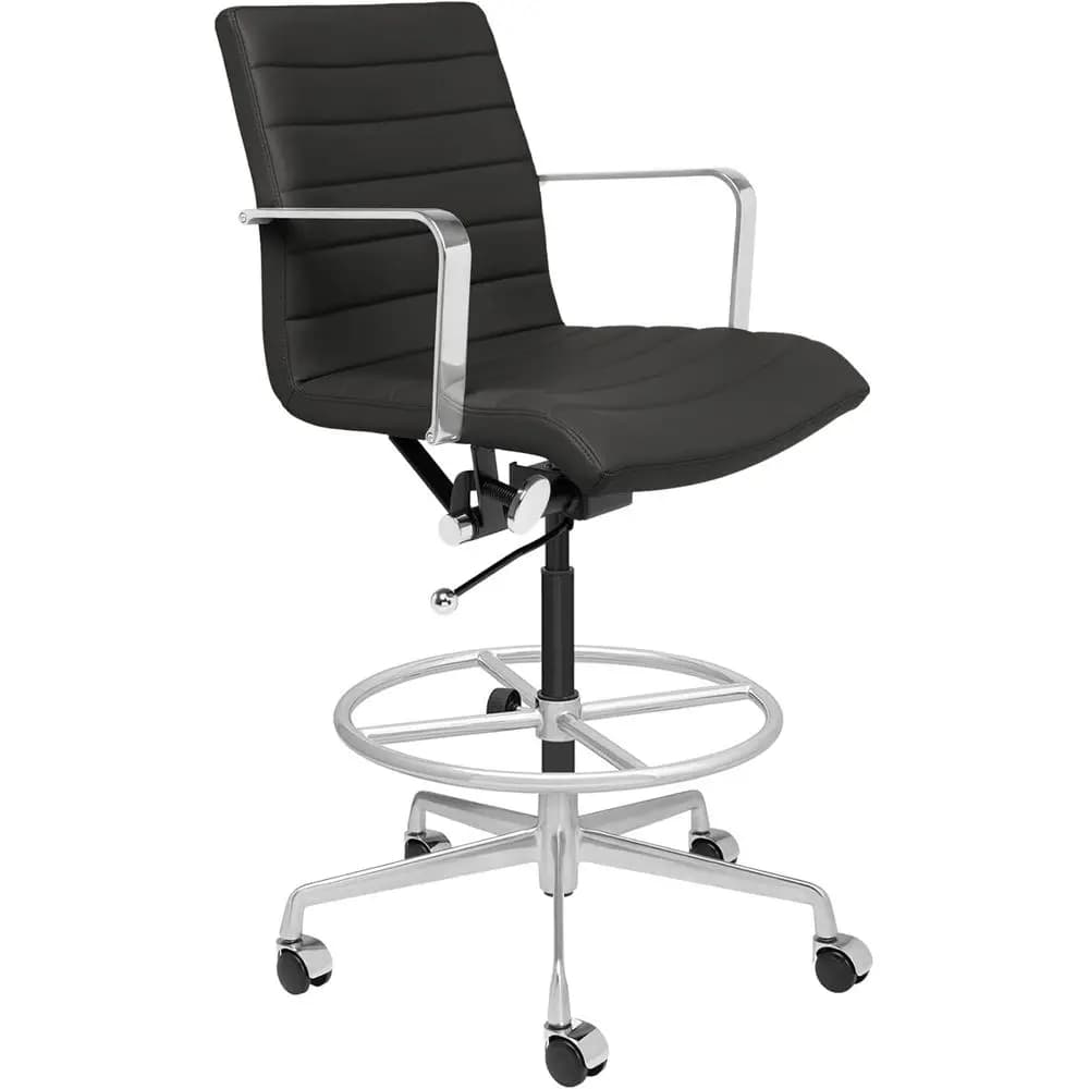 Ribbed Drating Chair or Standing Desk, Ergonomic, Commercial Grade, Adjustable Height, Armrest & Cushion, Black Aux Leather