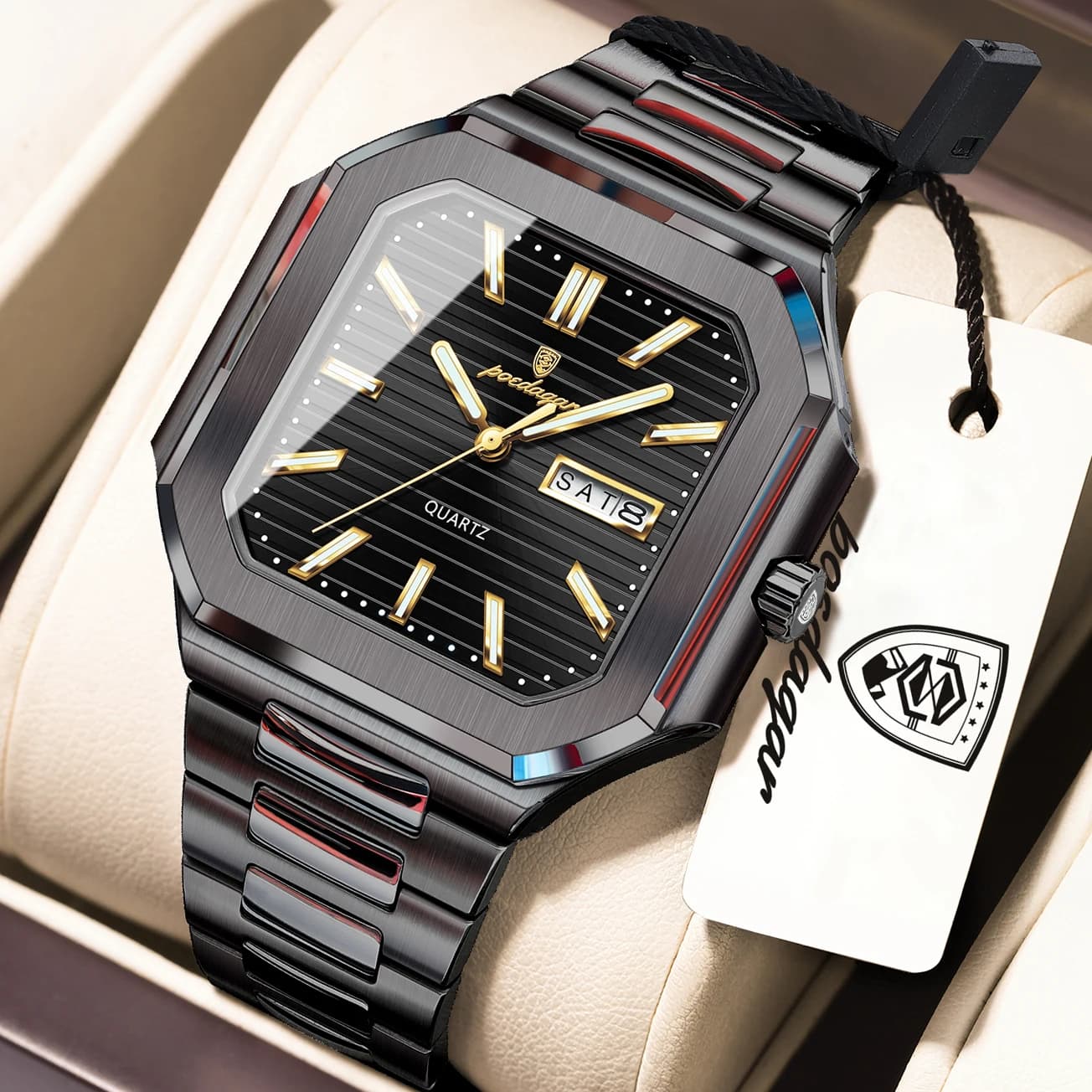 Orologio da Polso POEDAGAR Casual Quadrato da Uomo, Impermeabile, Luminoso, con Data e Giorno della Settimana, in Acciaio Inossidabile, Orologio al Quarzo alla Moda