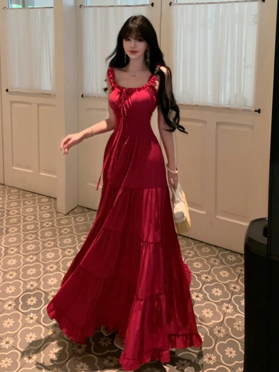 Red Summer Women's Dress Strapless Waist Cinched Square Neck Long Skirt Sweet Style Gathered High Waist Medium Thickness