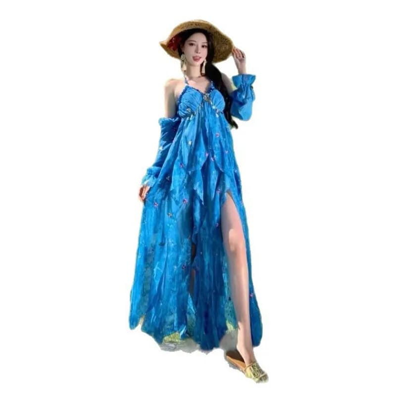 Nuovo Abito Lungo Estivo da Donna 2026 Streetwear per Vacanze, Blu Tinto con Rose, Senza Schienale, con Bretelle, Maniche Staccabili e Spacco Irregolare
