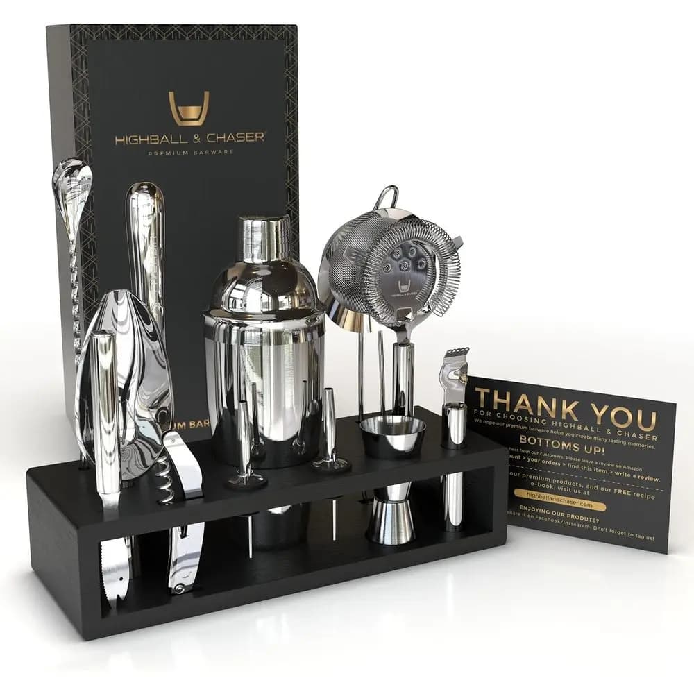 Set da Cocktail in Acciaio Inox 13 Pezzi con Supporto - Kit da Barman per Mixology e Bar Domestico | Utensili incisi al laser + 30 cocktail