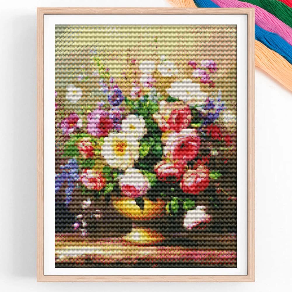 Kit per Punto Croce: Vaso di Rose e Peonie, Ricamo Floreale per Decorazione Casa, Fili per Lavori a Mano, Quadro Stampato 11CT
