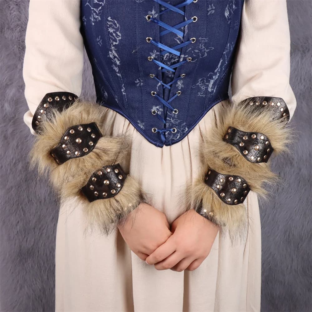 1/2 pz medievale vichingo cavaliere braccialetto in pelliccia sintetica PU bracciali in pelle pirata Gauntlet protezioni da polso Gothic Larp Costume Cosplay